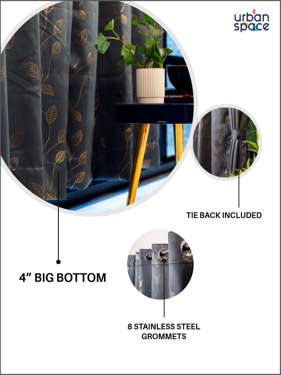 URBAN SPACE Grey & Gold-Toned Floral Printed Black Out Door Curtain