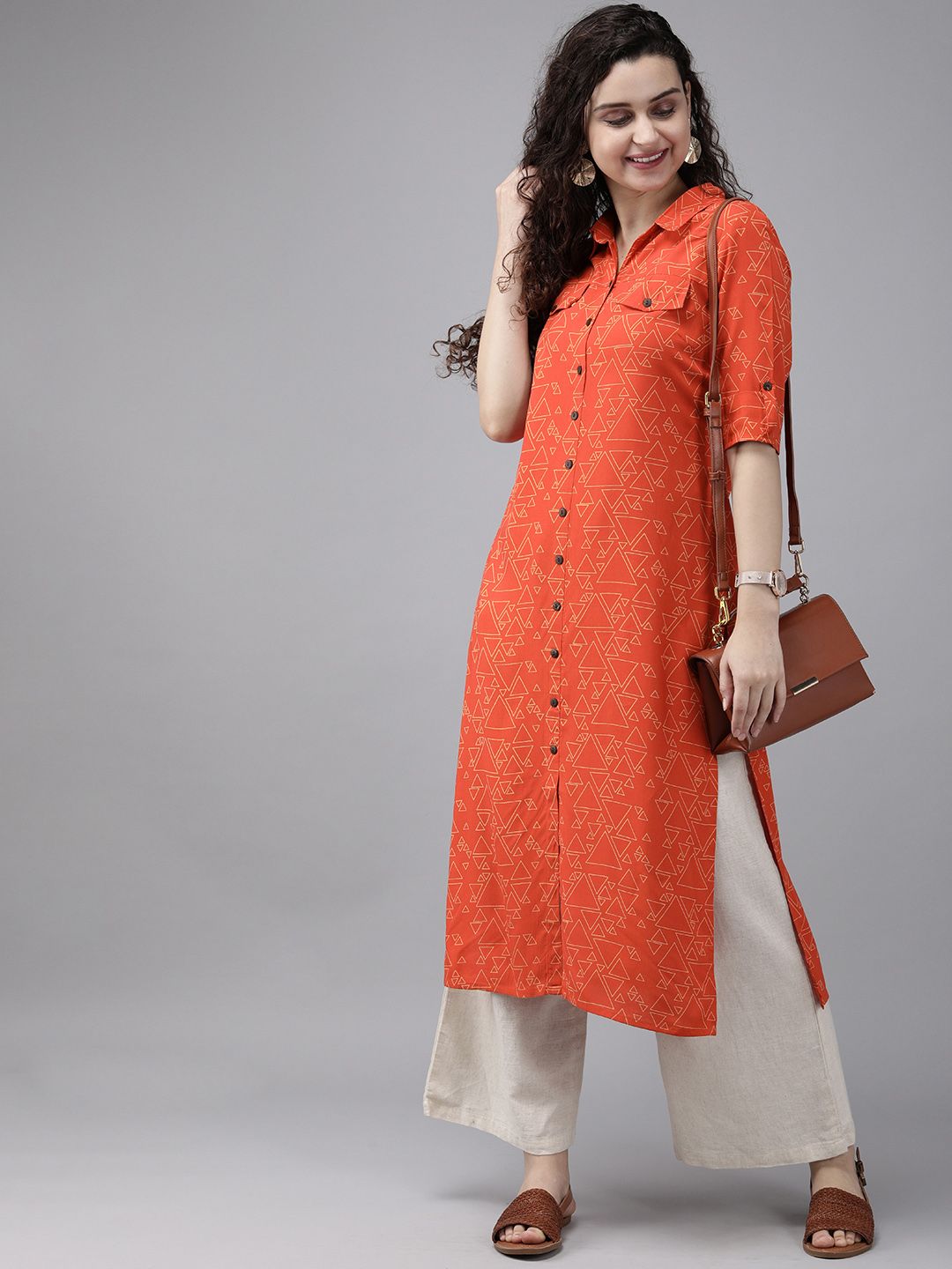 Anouk Wanita Merah & Mustard Kuning Dicetak Lurus Kurta
