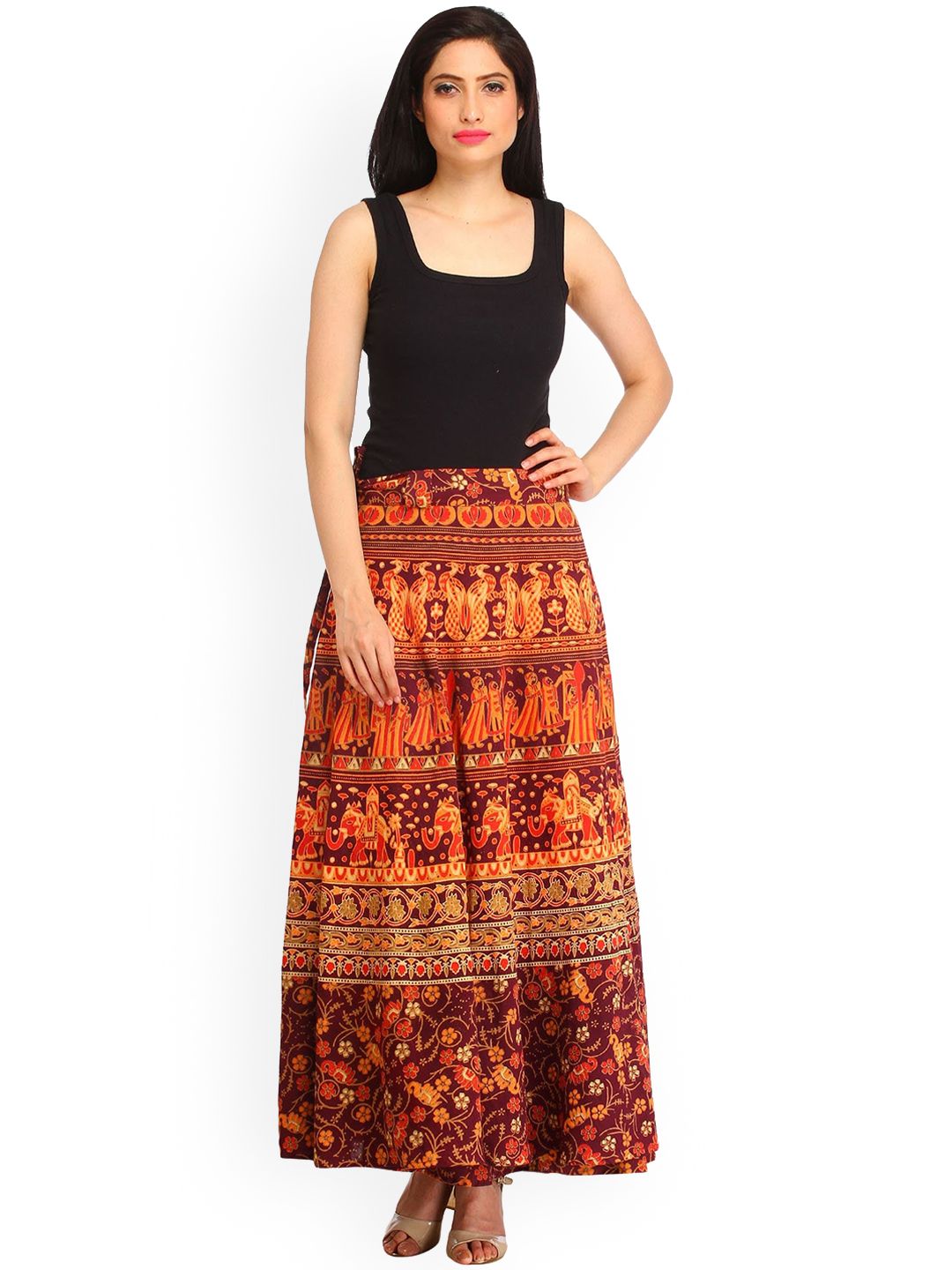 Exotic India Wrap around Long Skirt with Printed Wedding Scenes
