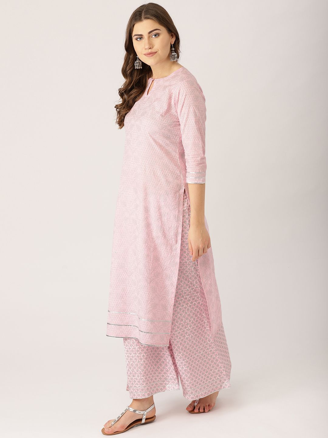 Libas Women Pink & Silver Printed Kurta with Palazzos & Dupatta