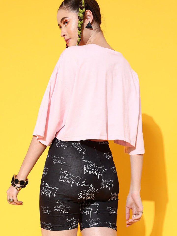 STREET 9 Women Pink Printed Cotton Drop-Shoulder Sleeves Bio Finish Boxy T-shirt