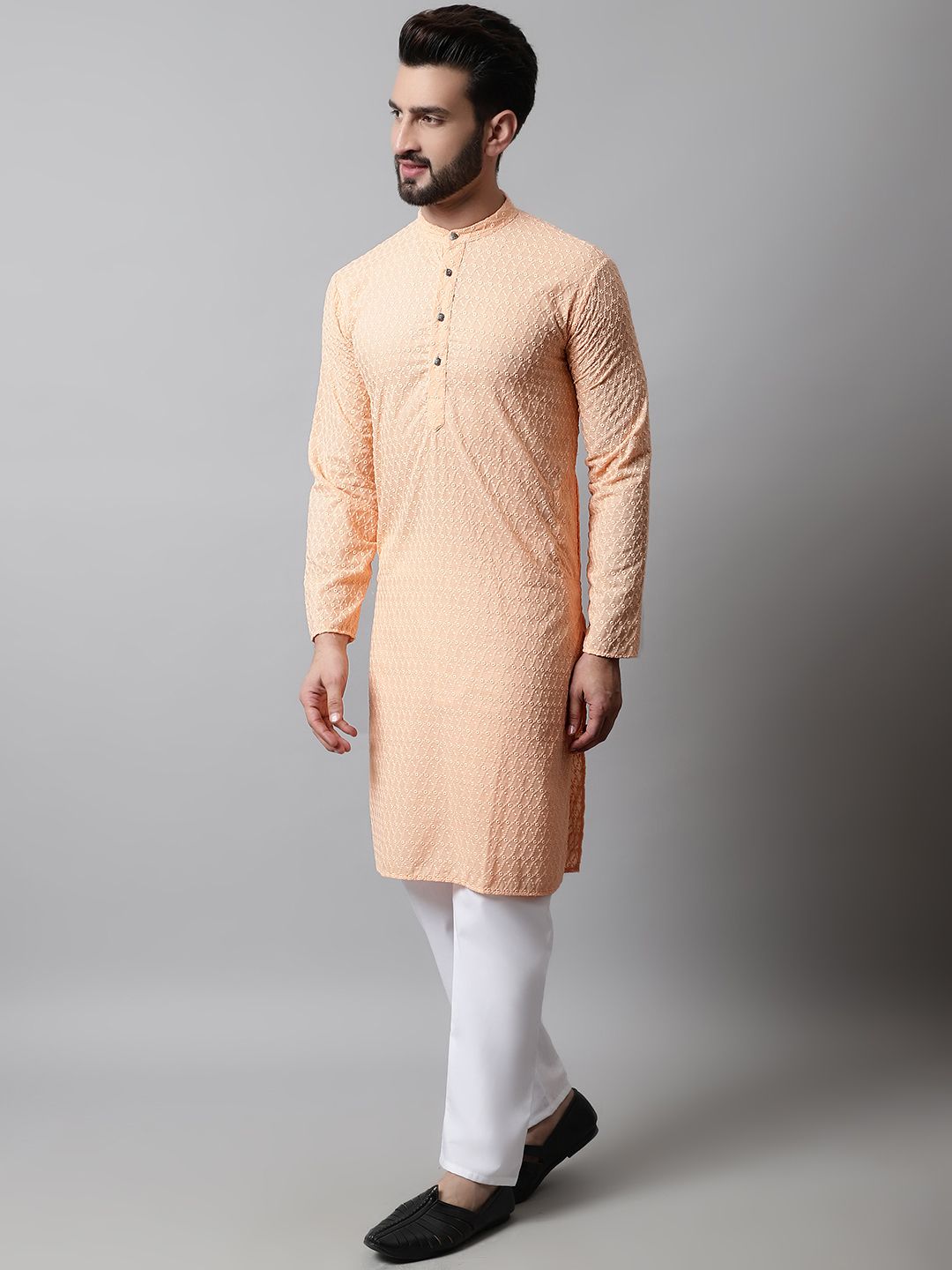 Jompers Men Orange Embroidered Chikankari Pure Cotton Kurta with Pyjamas