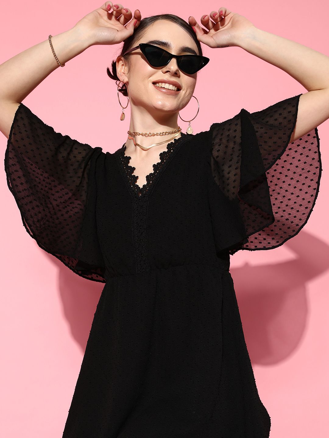 Berrylush Black Chiffon Flared Sleeves A-Line Mini Dress With Tie-Ups Detail