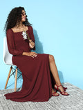 Berrylush Women Stunning Maroon Self-Design Peekaboo Bottom Dress