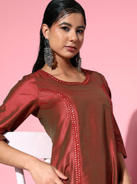 Shae by SASSAFRAS Women Rust Marron Embroidered Mirror Work Kurta with Trousers