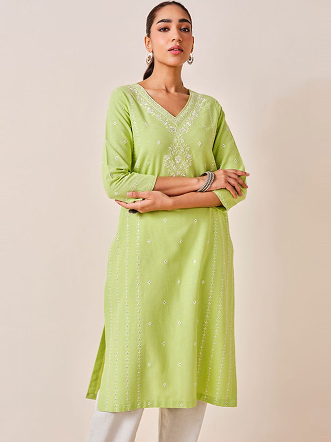 Global Desi Ethnic Motifs Embroidered Straight Kurta