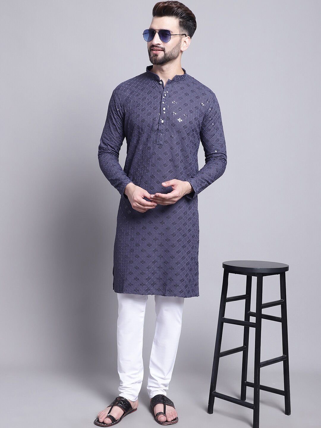 SOJANYA Geometric Embroidered Sequence Mandarin Collar Pure Cotton Kurta