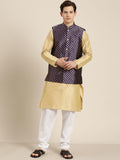 SOJANYA Lelaki Beige Striped Thread Work Straight Kurta Churidar dengan Tenunan Jaket Nehru