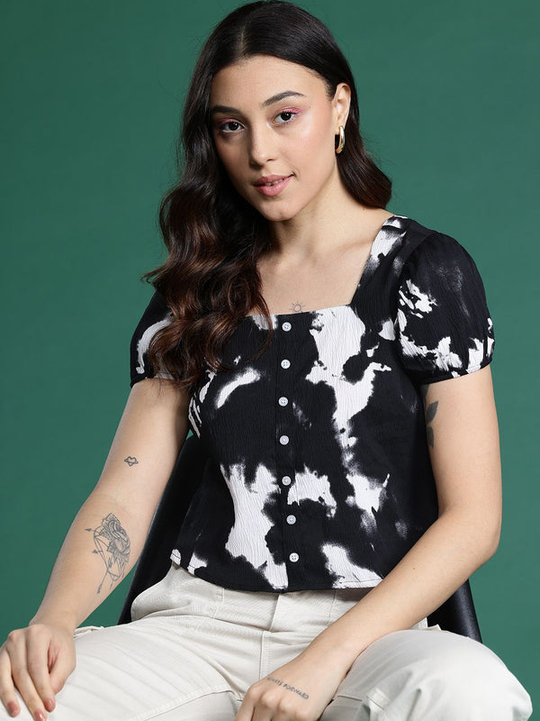 DressBerry Printed Puff Sleeves Monochrome Top