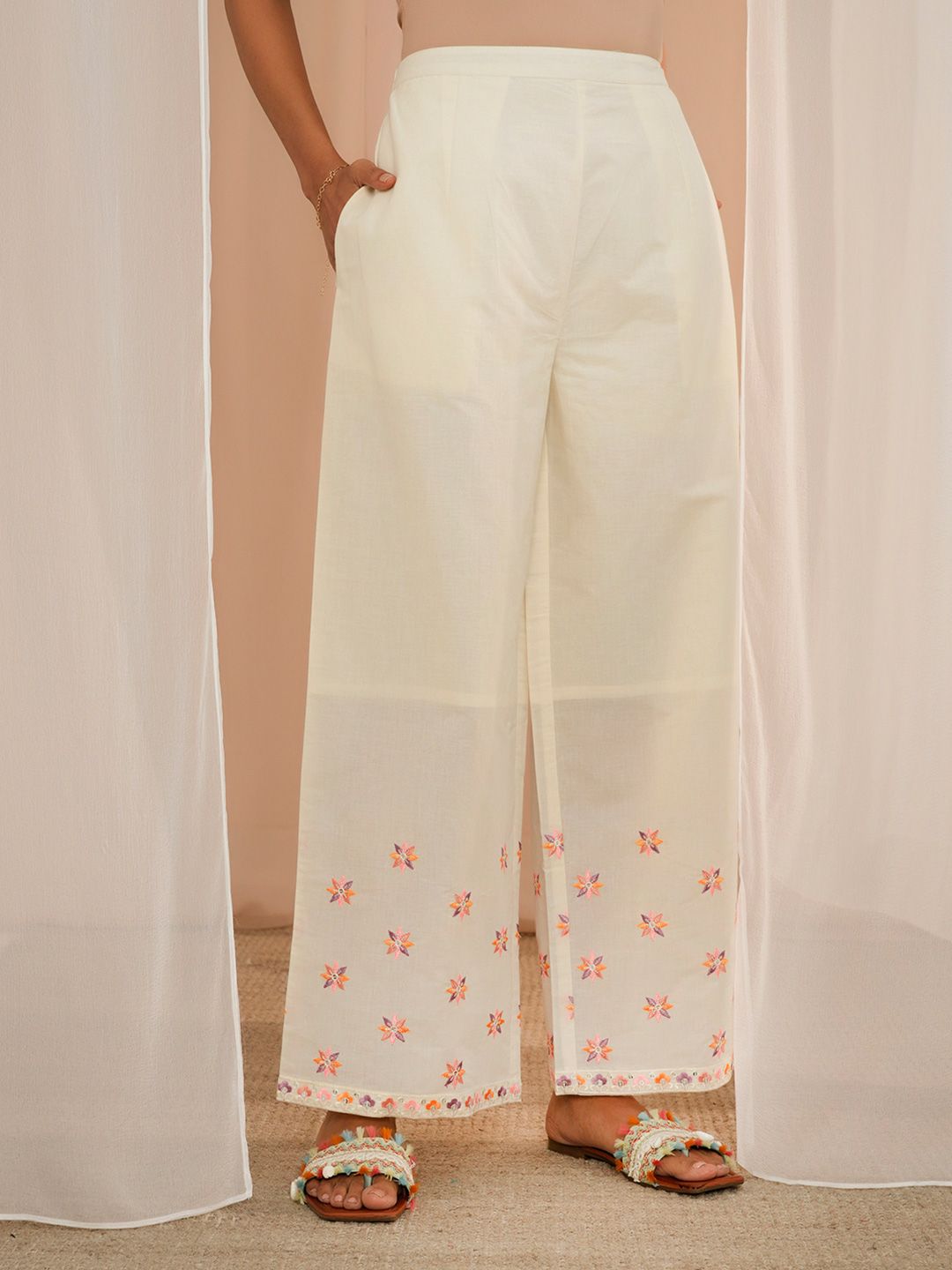 Libas Floral Embroidered Thread Work Pure Cotton Kurta With Palazzos & Dupatta