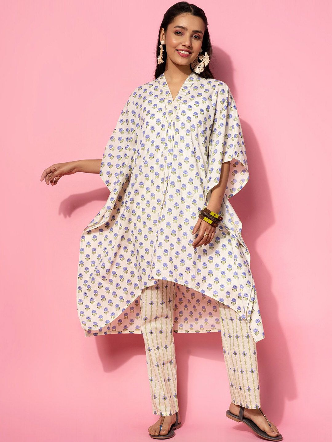 Libas Floral Printed V Neck Pure Cotton Kaftan Co-Ords