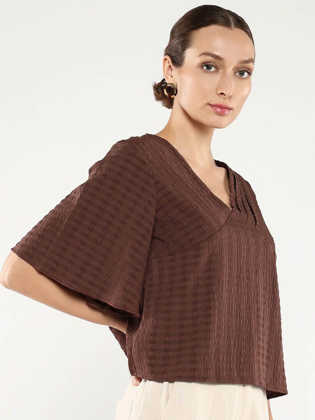 RAREISM Solid Self Design V-Neck Top