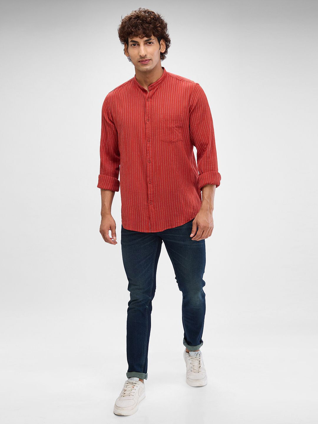 SPYKAR Men Striped Band Collar Slim Fit Casual Shirt