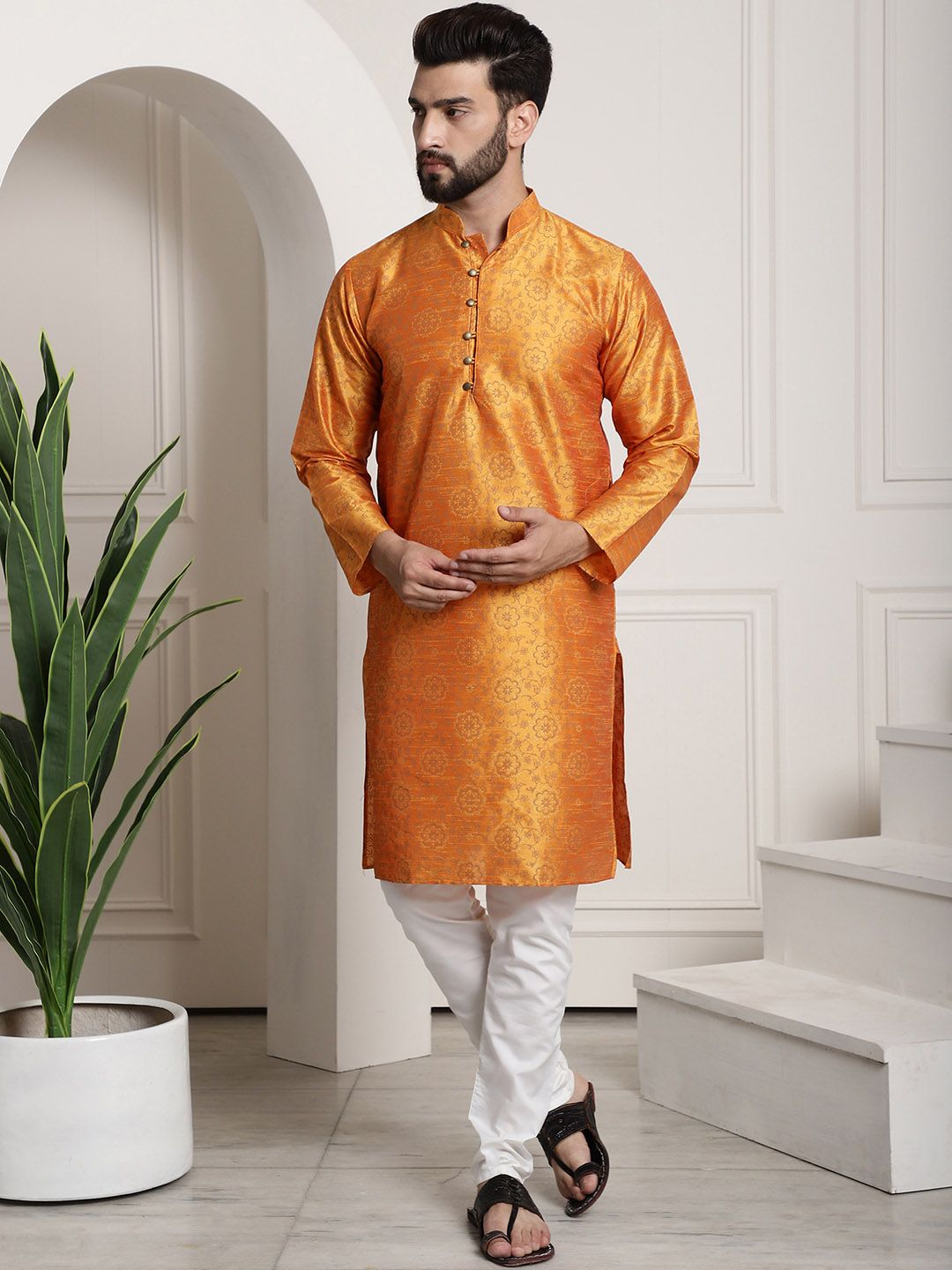 SOJANYA Men Orange & White Ethnic Motifs Printed Regular Kurta with Churidar