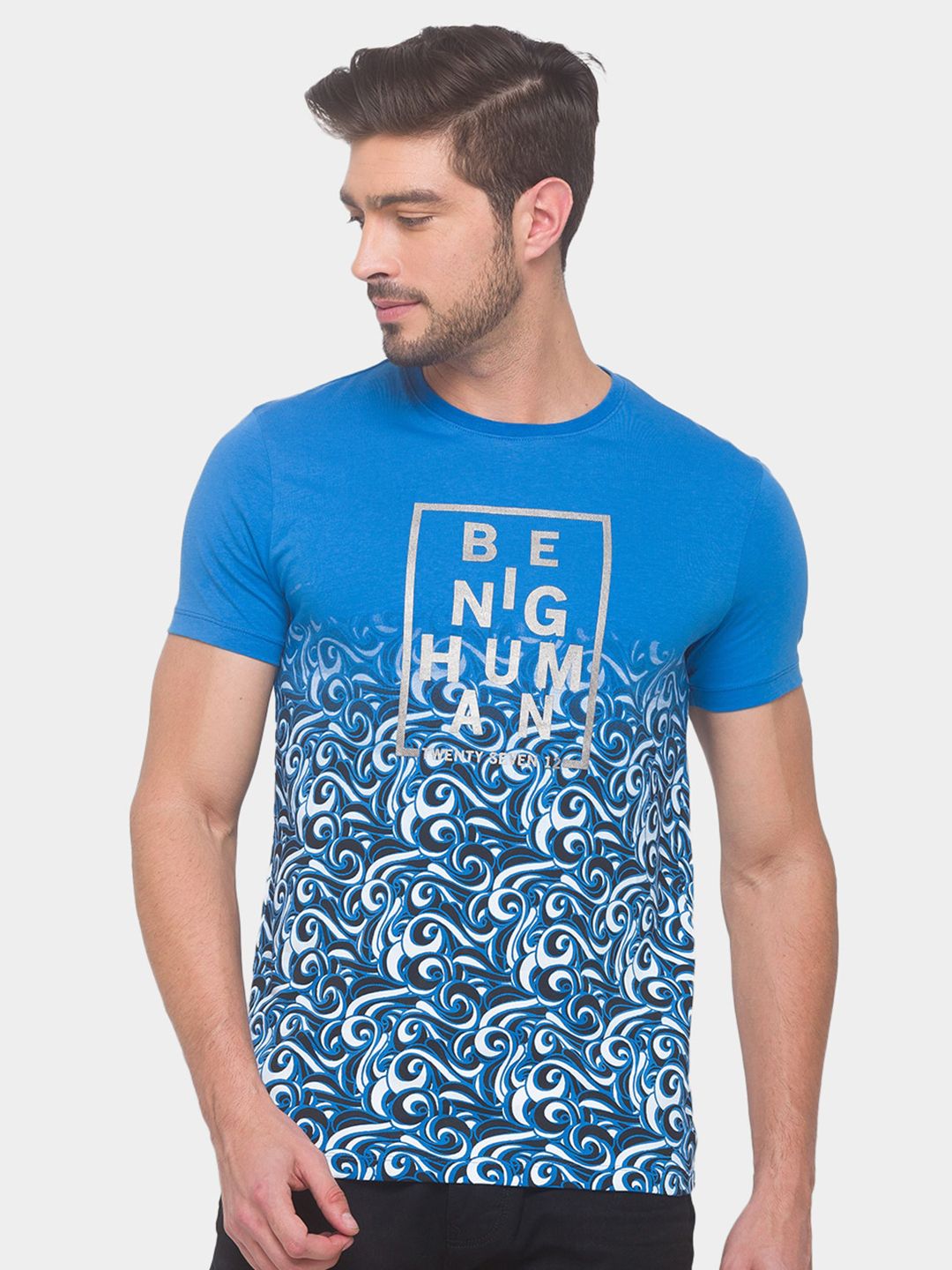 Being Human Men Blue Floral Printed Pure Cotton T-shirt