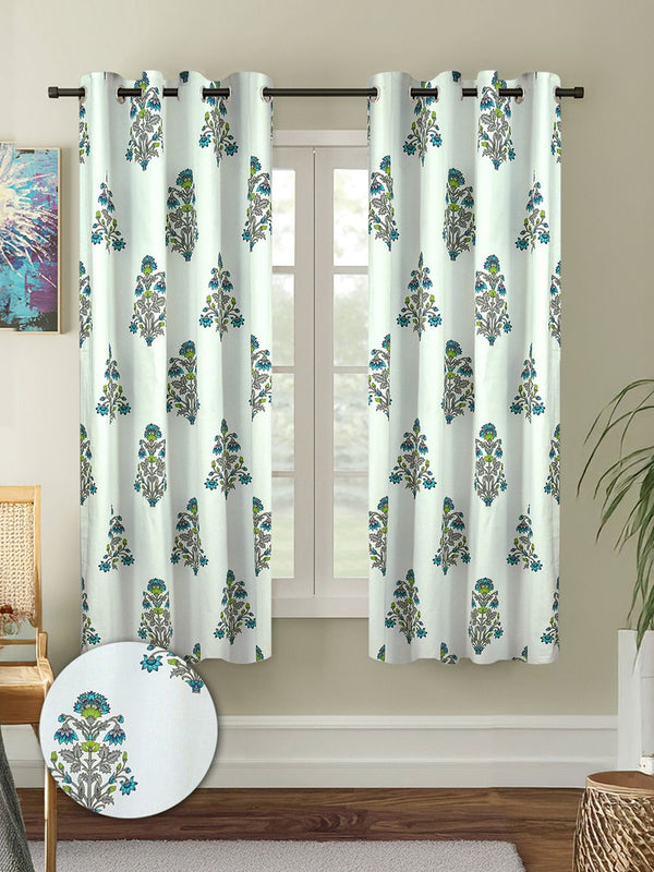 Cortina Grey & White 2 Pieces Floral Printed Cotton Window Curtains