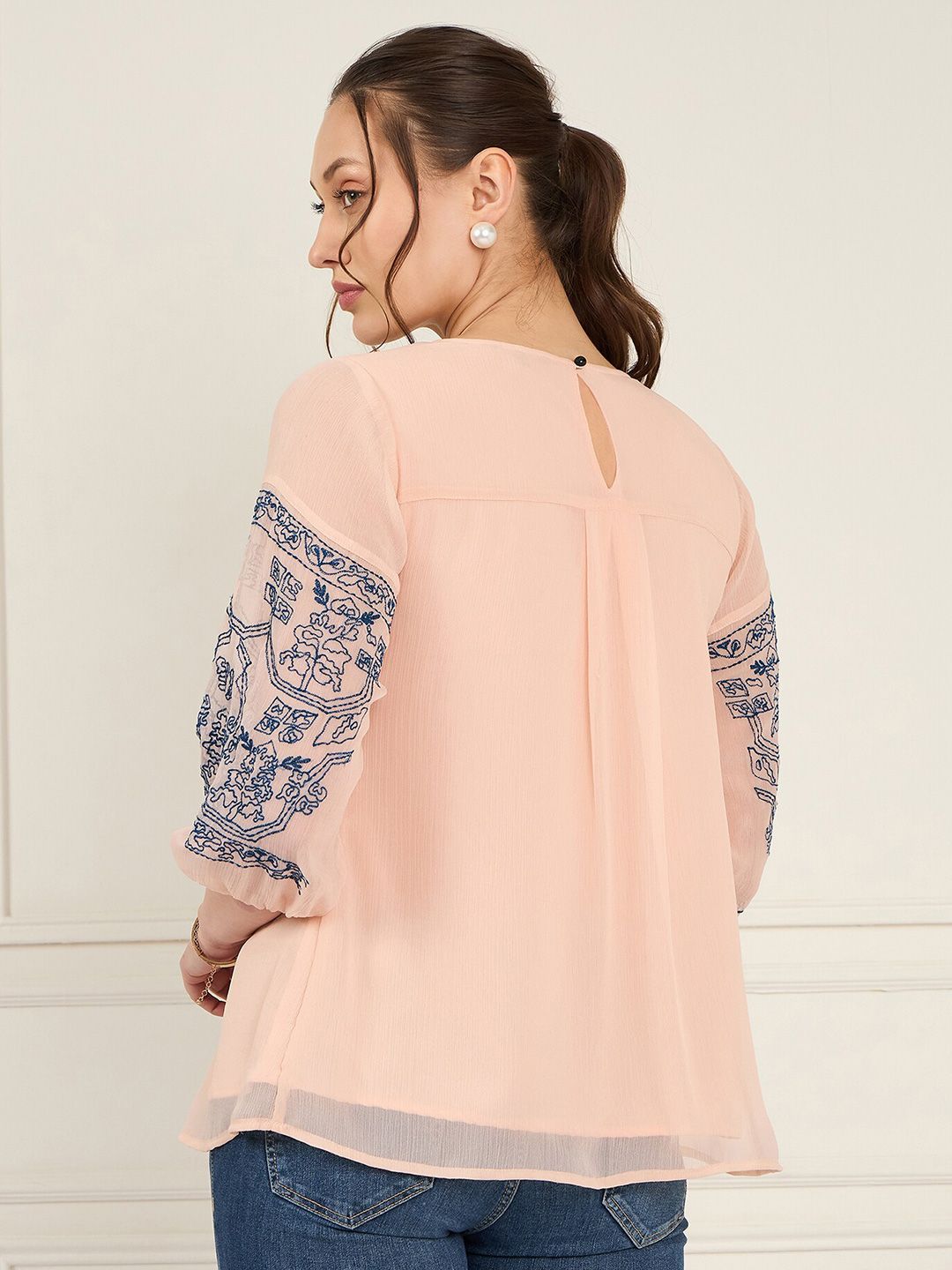 Antheaa Geometric Embroidered Puff Sleeve Chiffon A-Line Top