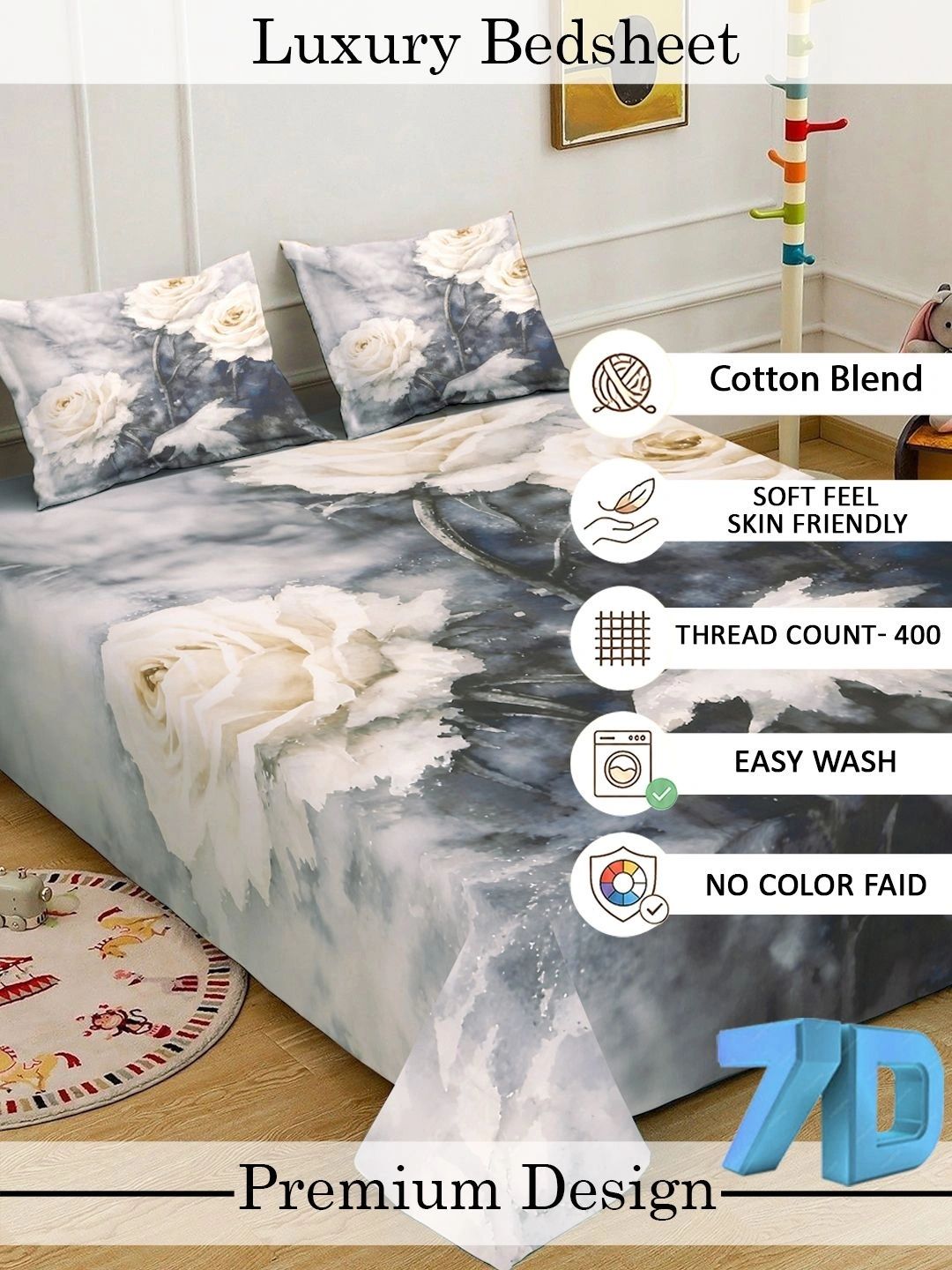 Moda Rapido X KLOTTHE Grey & White Floral 400 TC King Bedsheet with 2 Pillow Covers