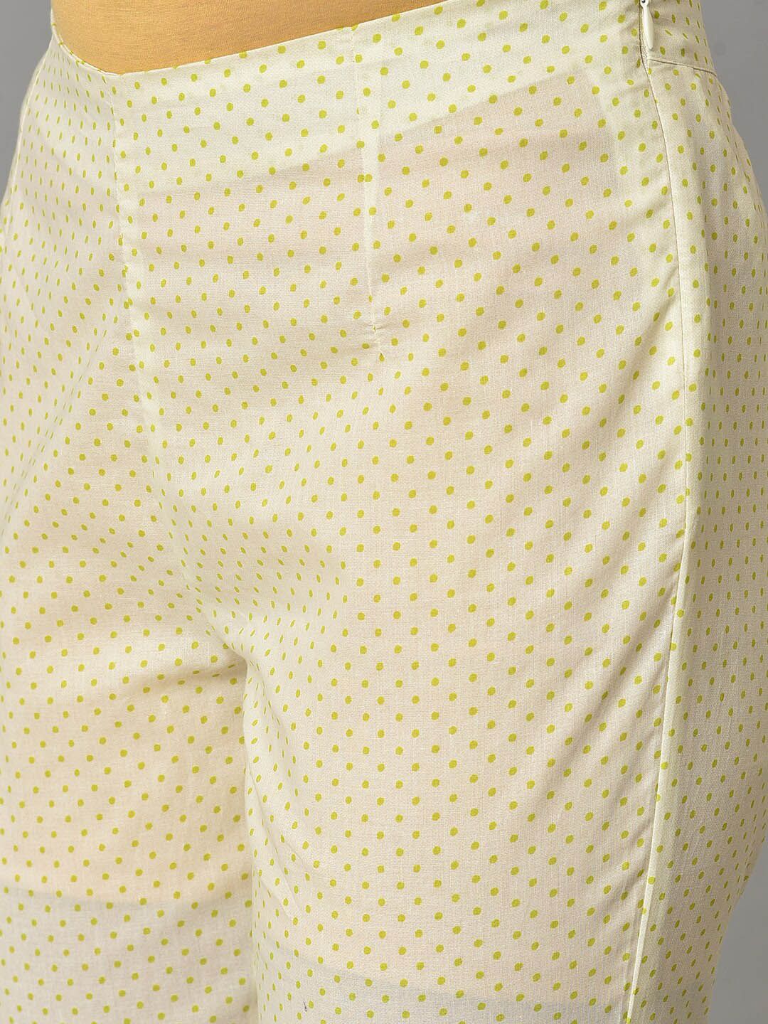 W Women White & Green Geometric Printed Mid Rise Pure Cotton Cropped Trousers