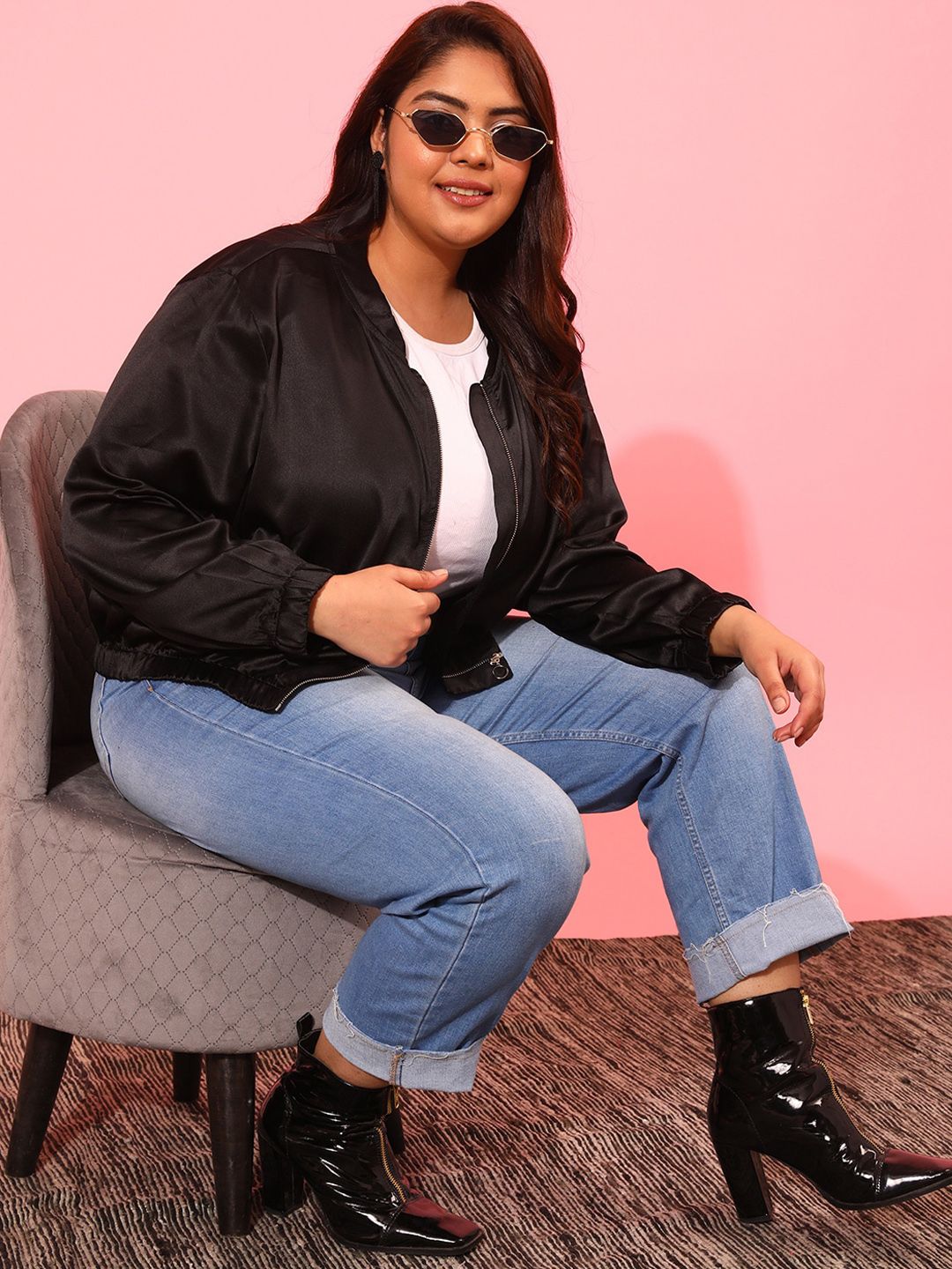 CURVY STREET Women Black Crop Bomber Jacket