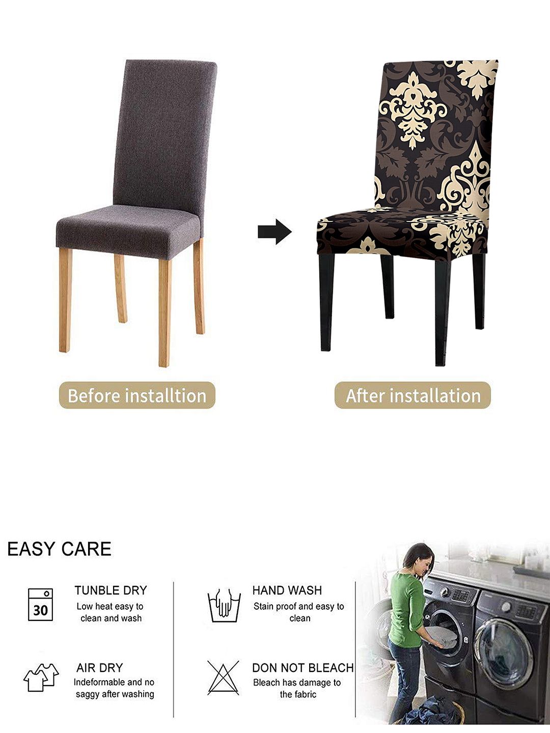 Cortina Black & Beige 6 Pieces Ethnic Motif Printed Super Stretchable Dining Chair Covers