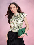 DressBerry Abstract Print Tie-Up Neck Flutter Sleeves Top with Ruffled Detail