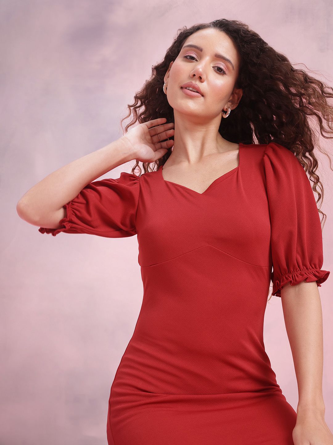 DressBerry Puff Sleeves Sheath Midi Dress