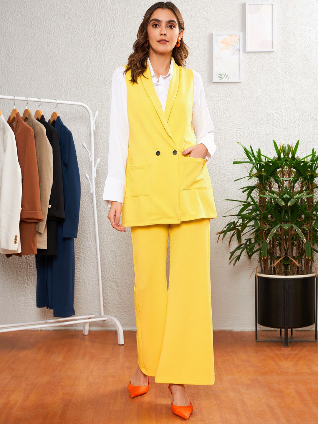 SASSAFRAS worklyf Women Yellow Flared High-Rise Easy Wash Trousers