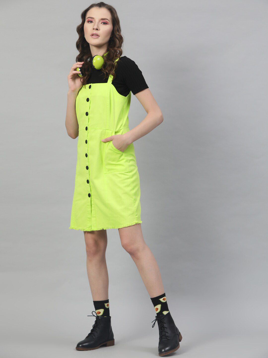 STREET 9 Women Fluorescent Green Solid Pinafore Dress