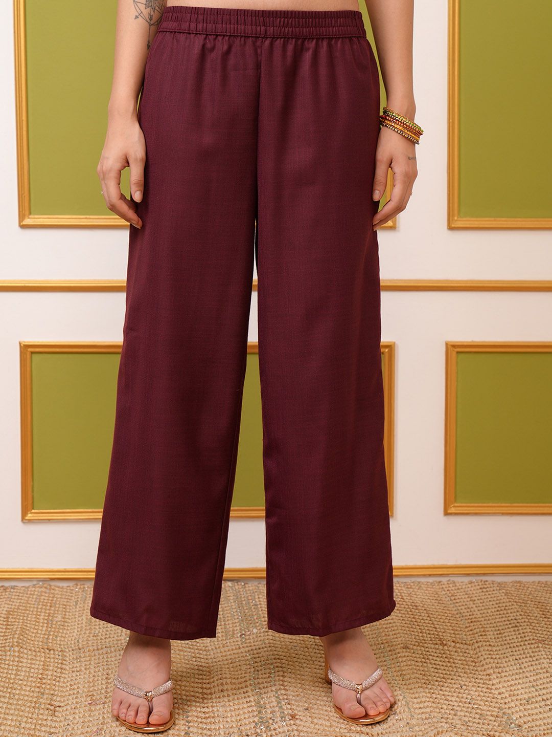 Vishudh Burgundy Yoke Design Thread Work Straight Kurta & Palazzos With Dupatta