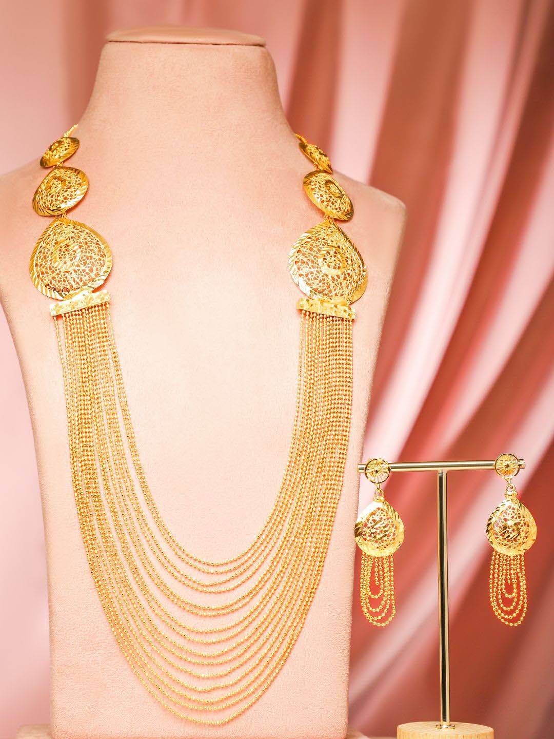 Rubans 18K Gold-Plated Textured Disc & Multi-Layer Beaded Statement Necklace Set
