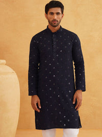 SOJANYA Geometric Embroidered Mandarin Collar Sequinned Pure Cotton Kurta With Churidar