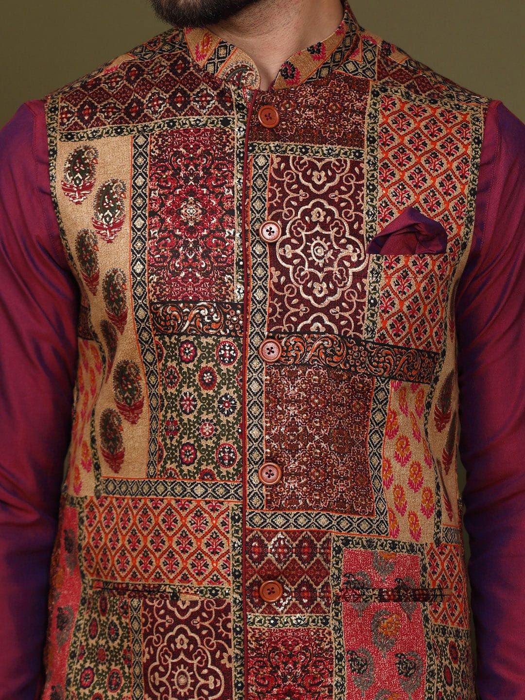 KISAH Mandarin Collar Straight Kurta With Churidar & Nehru Jacket