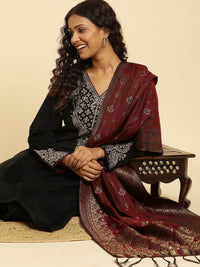 W Ethnic Motifs Sequinned V-Neck Velvet Straight Kurta With Palazzo And Dupatta