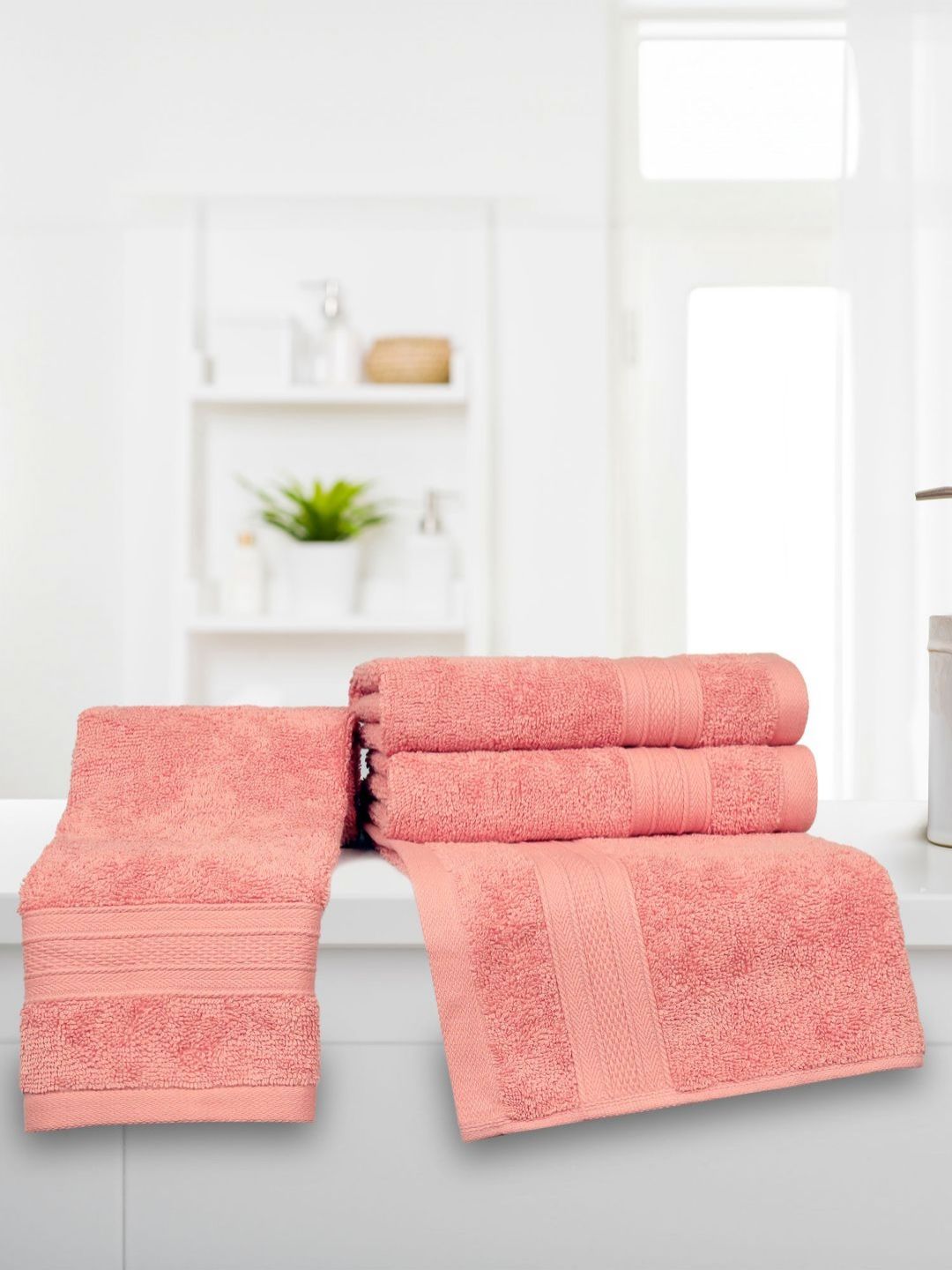 MYTRIDENT Coral 4 Pieces Cotton 500 GSM Highly Absorbent Hand Towels
