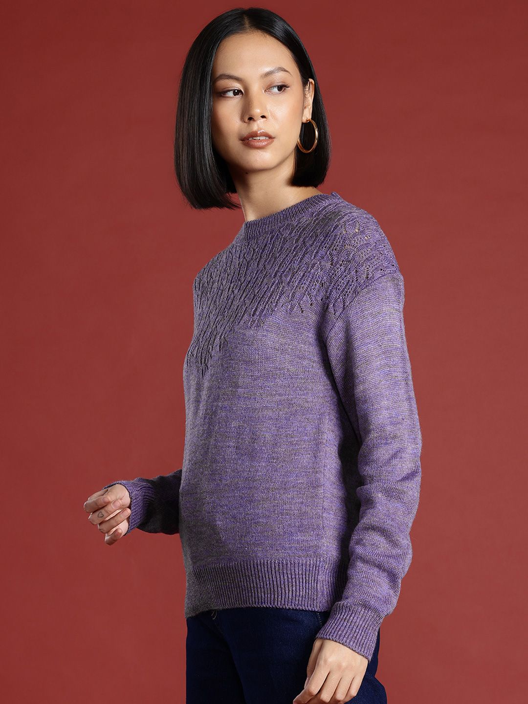 all about you Acrylic Round Neck Self Design Pullover