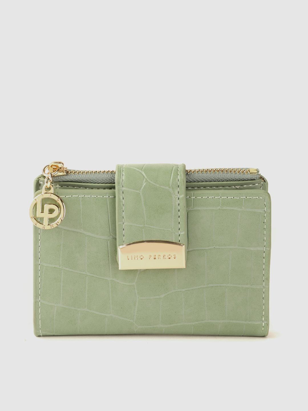 Lino Perros Women Sage Green Croc Textured Two Fold Wallet