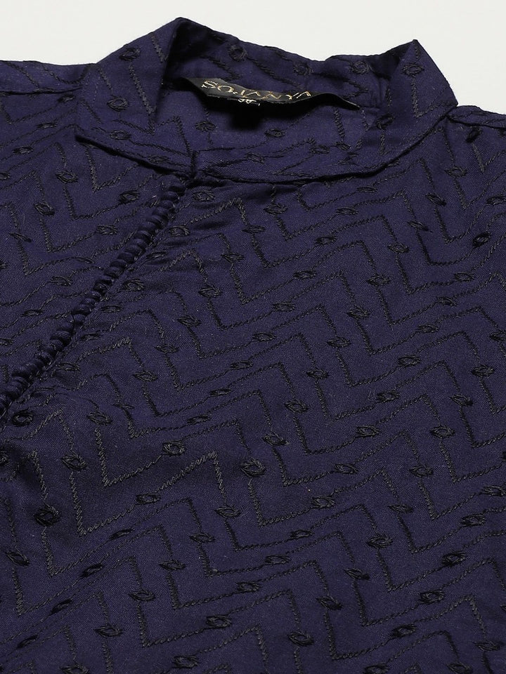 SOJANYA Men Navy Blue Ethnic Motifs Pure Cotton Kurta with Churidar & Nehru Jacket