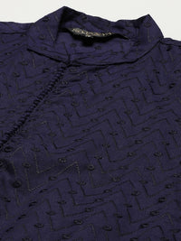 SOJANYA Men Navy Blue Ethnic Motifs Pure Cotton Kurta with Churidar & Nehru Jacket