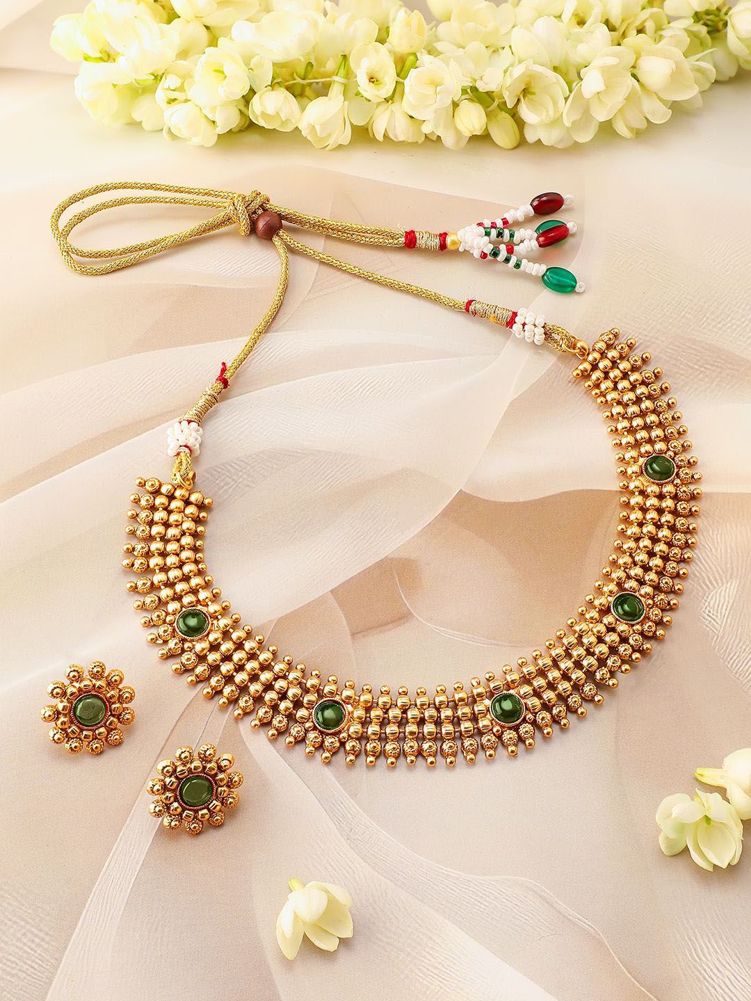 Rubans 22K bersalut emas bersalut kalung choker tradisional yang ditetapkan dengan manik emas