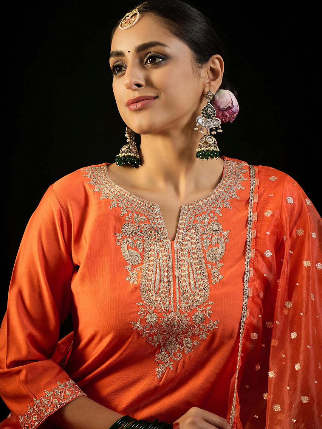 Indo Era Paisley Yoke Design Liva Straight Kurta With Trousers & Dupatta
