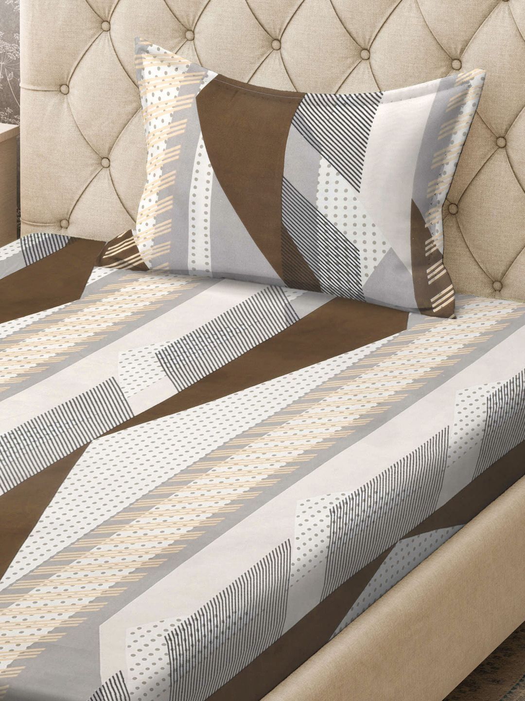 KLOTTHE Kelabu Kapas Abstrak Bertitik 300 TC Cadar Halus Tunggal dengan Sarung Bantal- 225 x 150 cm
