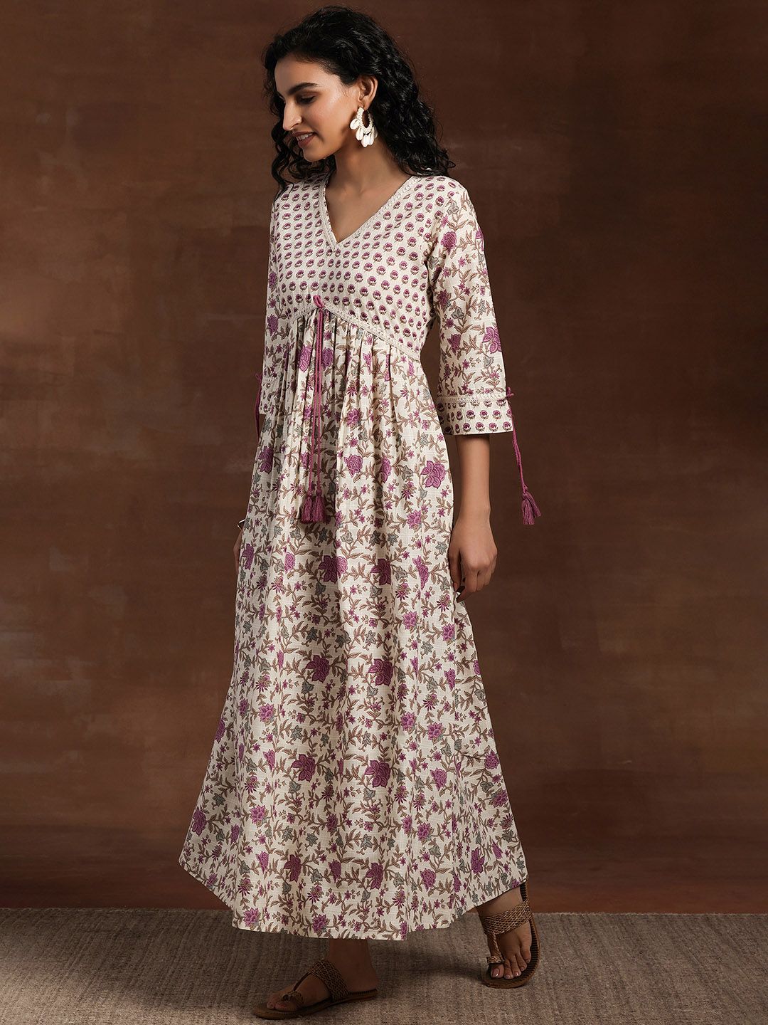 Libas Floral Printed V Neck Cotton Maxi Fit & Flare Dress