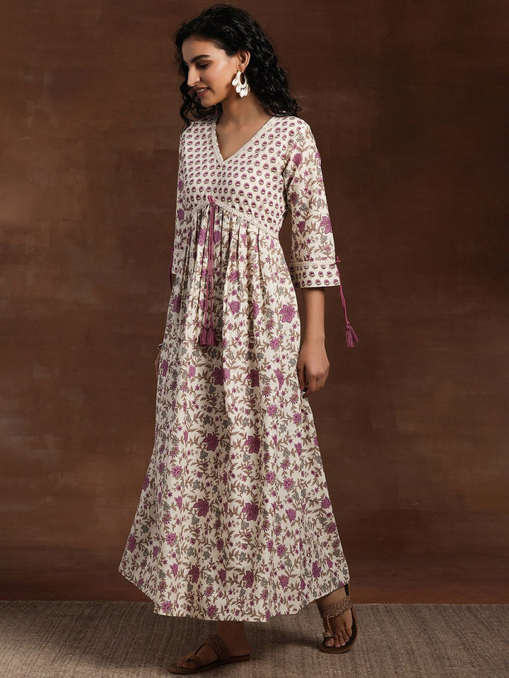 Libas Floral Printed V Neck Cotton Maxi Fit & Flare Dress