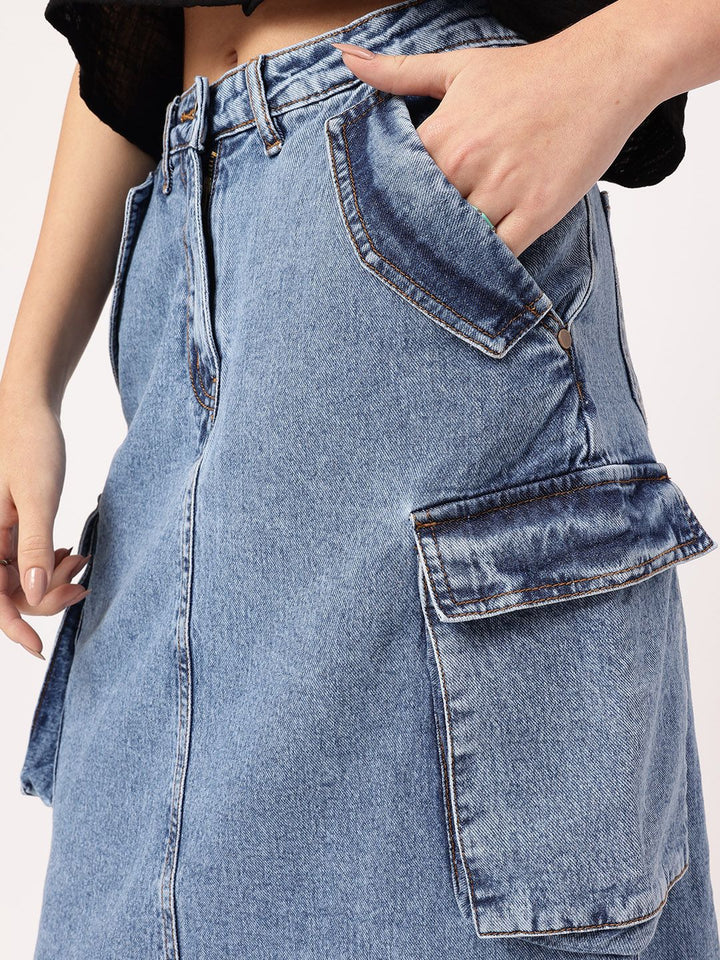 DressBerry City Chic Back Slit Cargo-Style Denim Midi Skirt