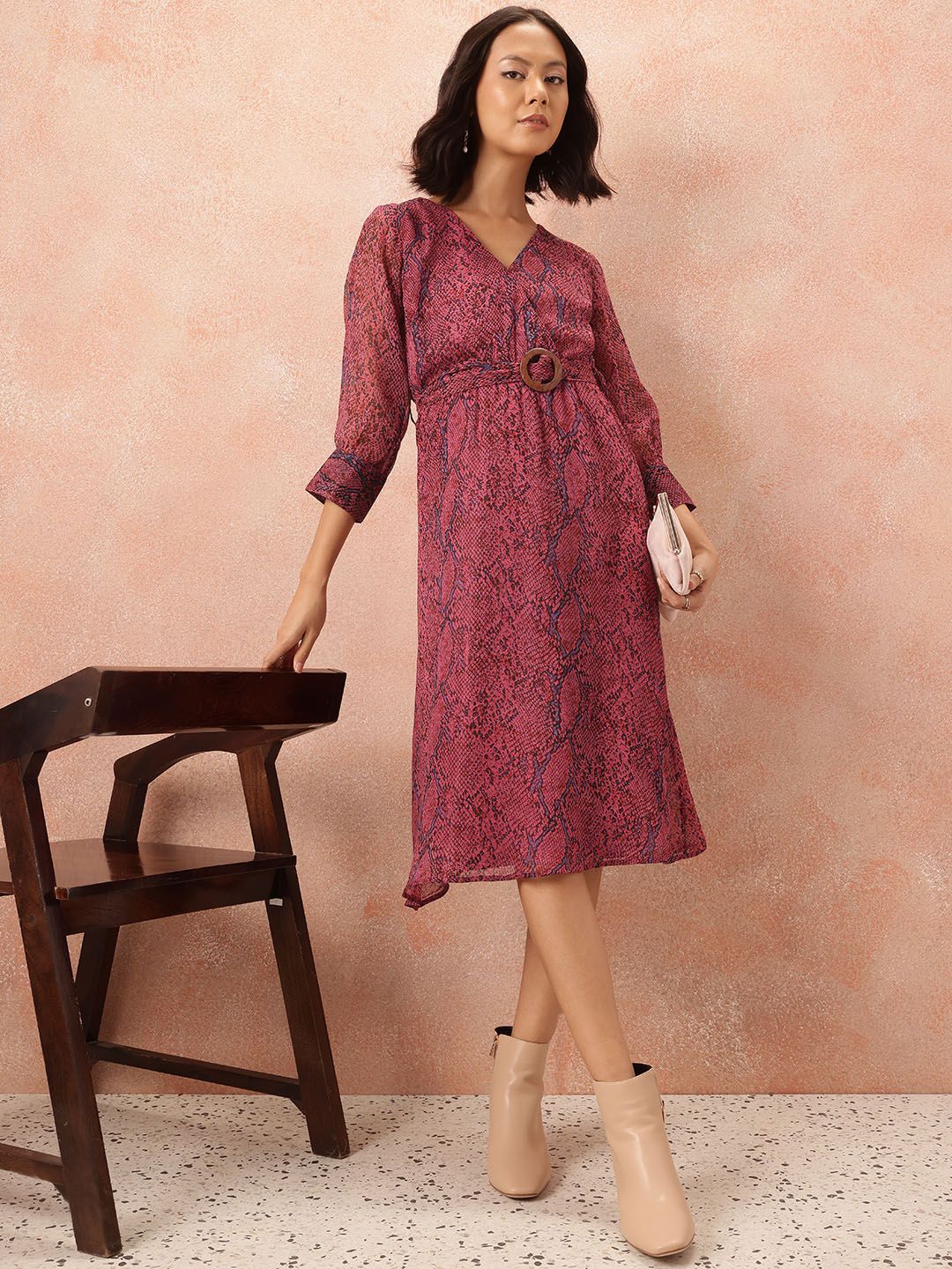 all about you Animal Print Midi Wrap Dress with Belt