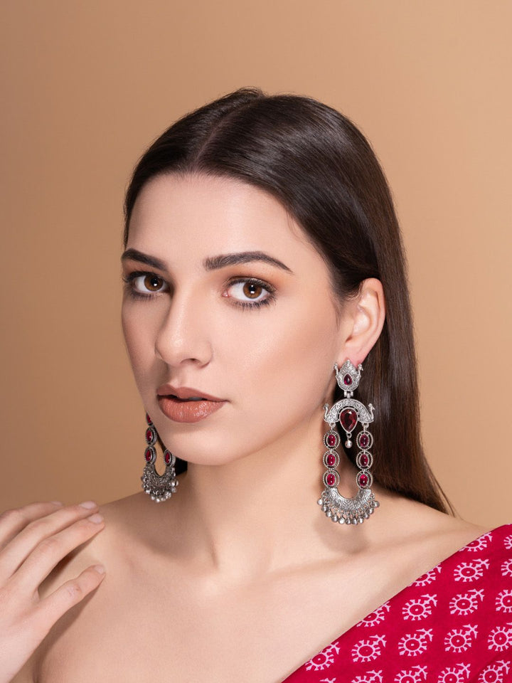 PANASH Silver-Plated Stones Studded And Beaded Contemporary Shaped Oxidized Drop Earrings