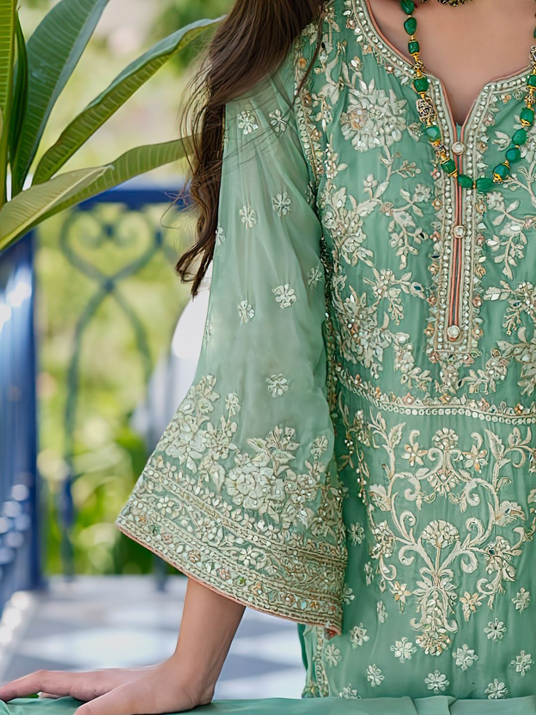 Indo Era Zari Ethnic Motifs Embroidered Notch Neck Straight Kurta With Trousers & Dupatta