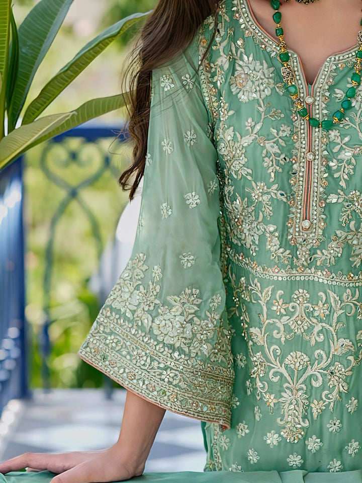Indo Era Zari Ethnic Motifs Embroidered Notch Neck Straight Kurta With Trousers & Dupatta