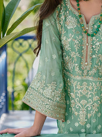 Indo Era Zari Ethnic Motifs Embroidered Notch Neck Straight Kurta With Trousers & Dupatta